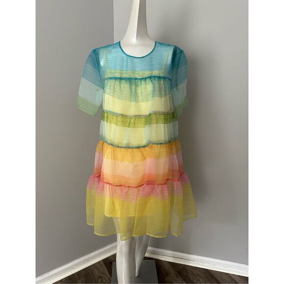 NWT Staud Sheer Organza Hyacinth Short Sleeve Tiered Mini Dress Multicolor Small - Picture 4 of 12